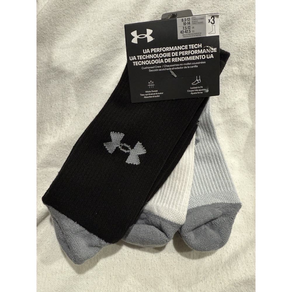 NEW Under Armour Tech Crew Socks 3 Pair Men's Shoe Size 8.5-13 Women's 10-14